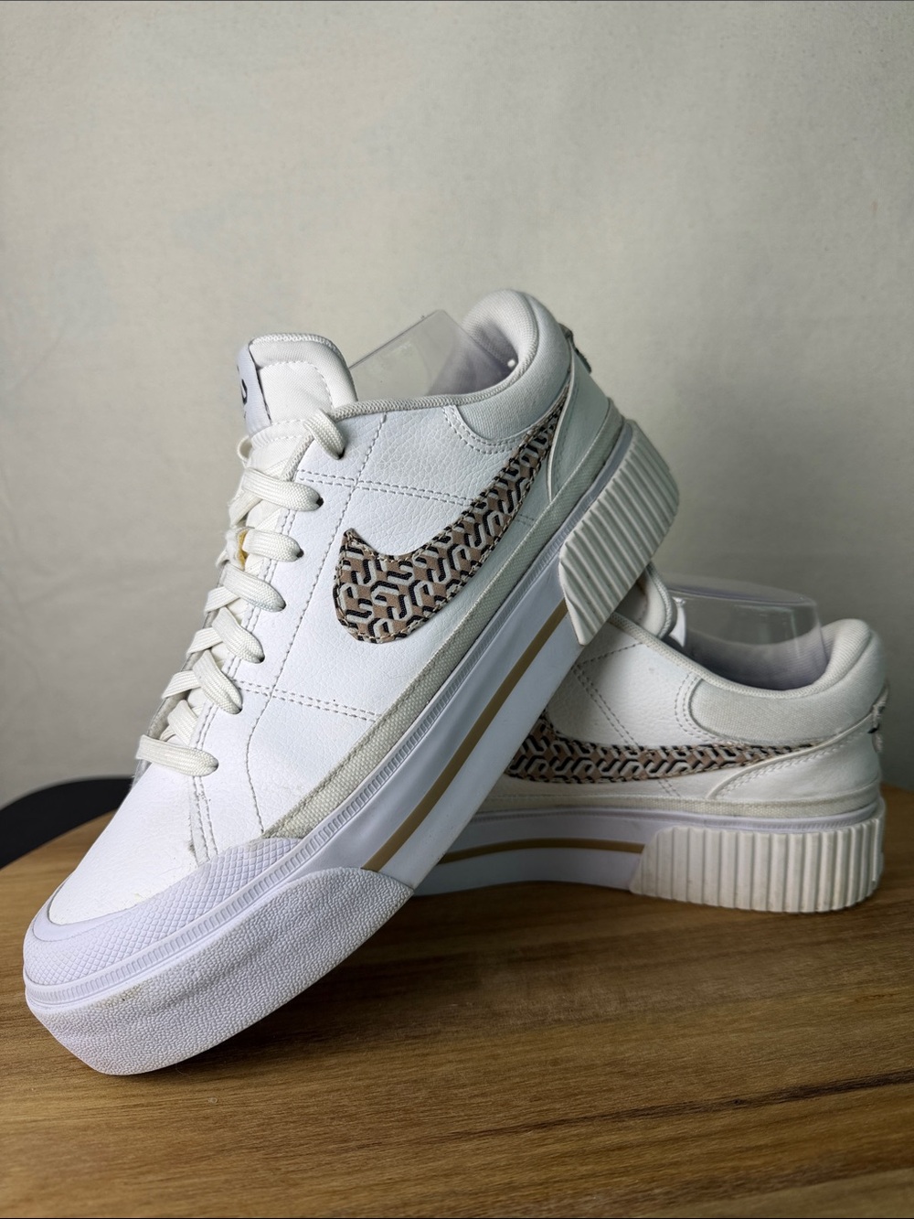 Nike Court Legacy Lift Platform Sneaker with Beige Patterned Swoosh
